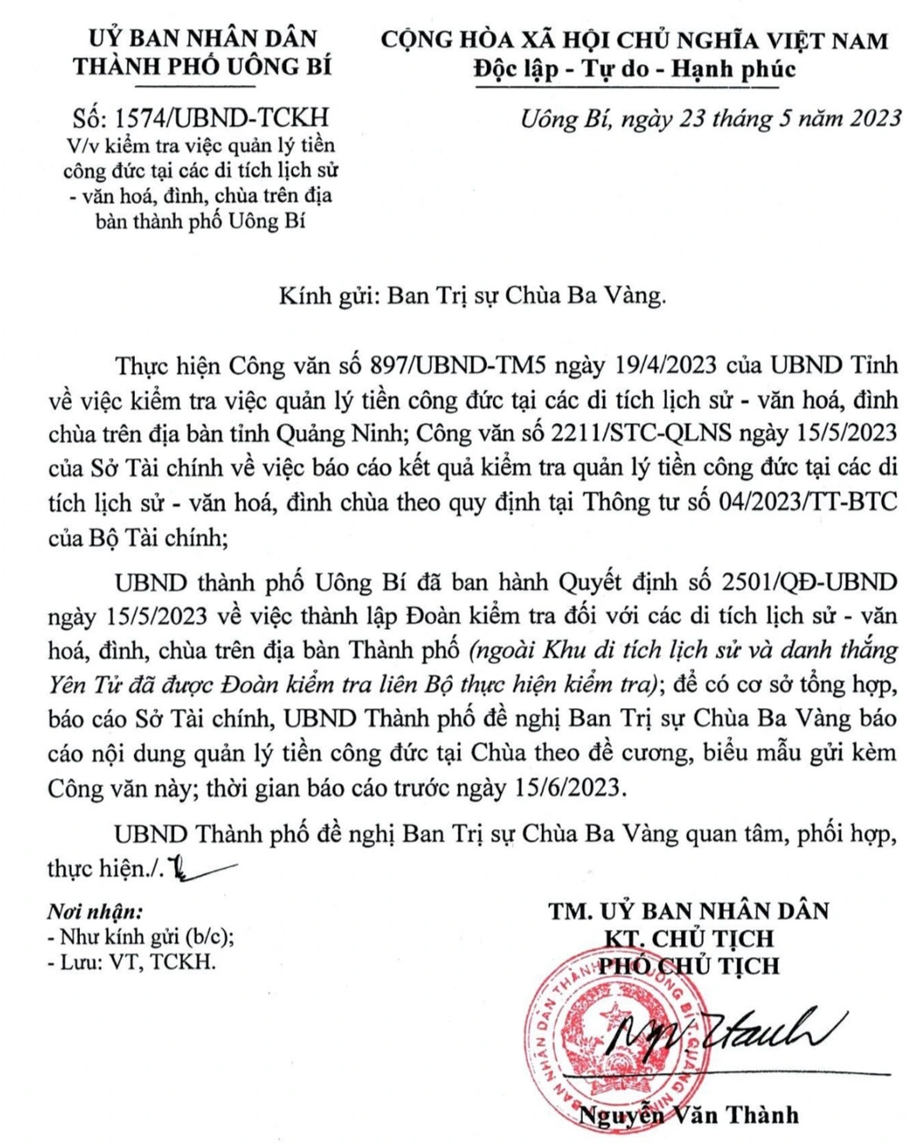 Tiền công đức chùa Ba Vàng: TP Uông Bí từng có văn bản yêu cầu chùa báo cáo - 1 Tiền công đức chùa Ba Vàng: TP Uông Bí từng có văn bản yêu cầu chùa báo cáo - 1