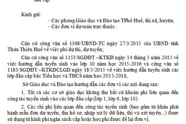 Huế không thu lệ phí tuyển sinh đầu các cấp