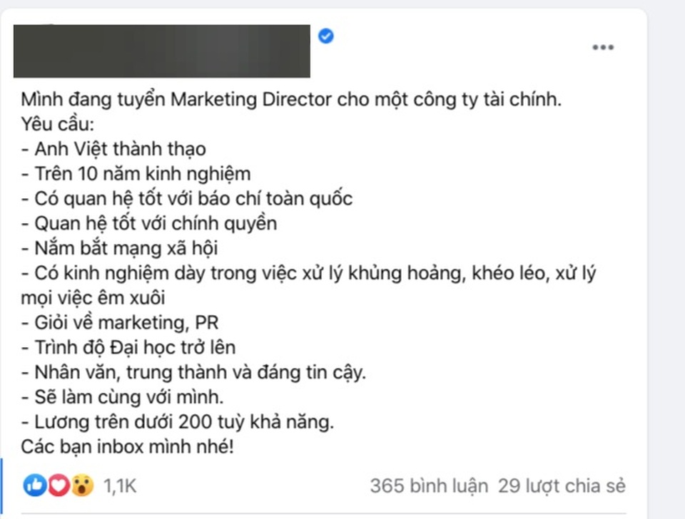 Sửng sốt với bản tuyển dụng cộng sự lương 200 triệu đồng/tháng - 1 Sửng sốt với bản tuyển dụng cộng sự lương 200 triệu đồng/tháng - 1