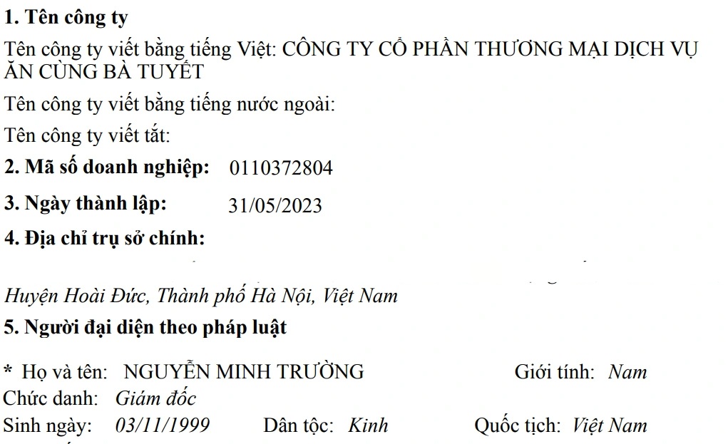 Công ty Ăn Cùng Bà Tuyết thông báo giải thể - 1