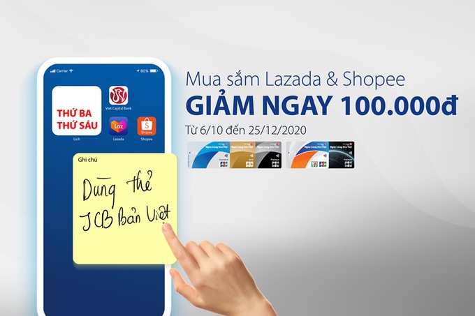 Giảm 100.000 VND khi mua sắm online tại Shopee và Lazada dành cho chủ thẻ tín dụng JCB Bản Việt - Ảnh 1.