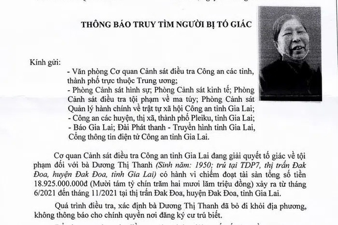 Truy tìm cụ bà 72 tuổi nghi lừa đảo gần 19 tỷ đồng rồi bỏ trốn - 1 Truy tìm cụ bà 72 tuổi nghi lừa đảo gần 19 tỷ đồng rồi bỏ trốn - 1