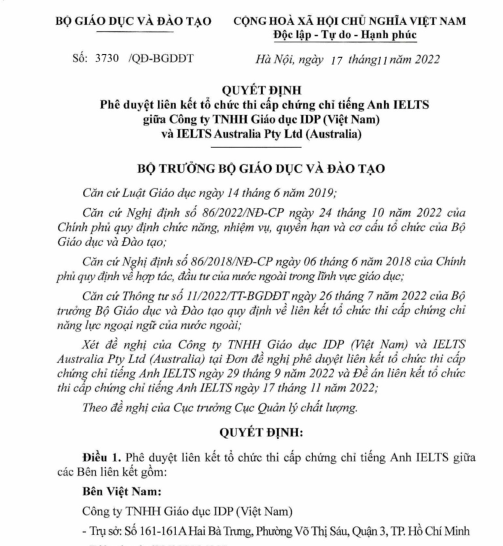 Kỳ thi IELTS của IDP được phê duyệt - 1 Kỳ thi IELTS của IDP được phê duyệt - 1