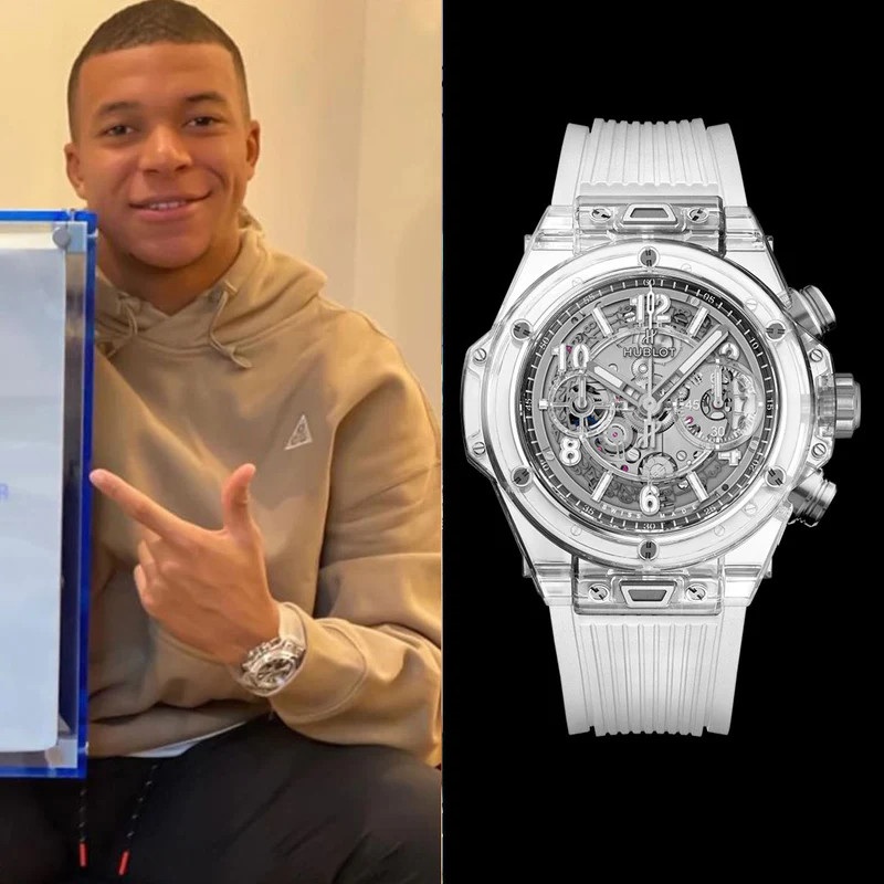 Ngoài ra, Kylian Mbappé còn sở hữu chiếc Big Bang Unico Sapphire 42 mm Ref. 441.JX.4802.RT. Chiếc đồng hồ này có mặt đồng hồ dạng skeleton làm từ nhựa trong suốt, còn ốc vít, núm điều chỉnh và khóa được làm bằng titan. Mẫu đồng hồ có giá 65.000 CHF (hơn 1,8 tỷ đồng), được sản xuất giới hạn 500 chiếc trên thế giới (Ảnh: IFL Watches).