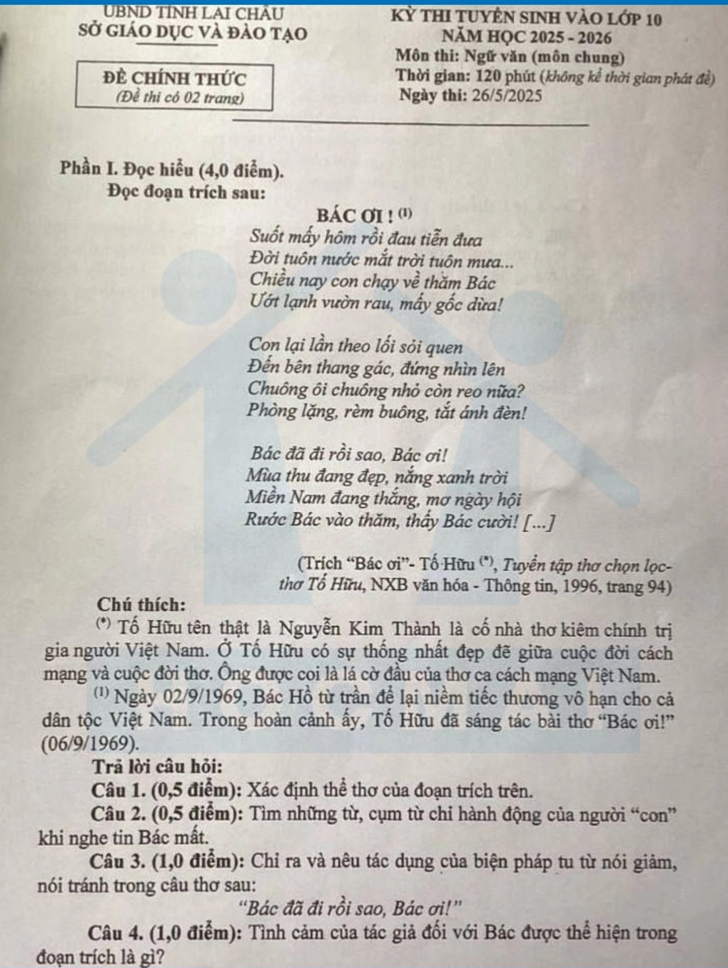 Literaturprüfung der 10. Klasse für die Provinz Lai Chau unter Verwendung alter Lehrbücher der 12. Klasse - 1 Đề thi lớp 10 môn ngữ văn tỉnh Lai Châu lấy ngữ liệu SGK lớp 12 cũ - 1