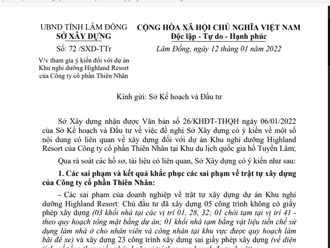 Công văn Sở Xây dựng tỉnh Lâm Đồng gửi Sở Kế hoạch và Đầu tư về dự án Khu nghỉ dưỡng Highland Resort của CTCP Thiên Nhân tại Khu du lịch quốc gia hồ Tuyền Lâm.