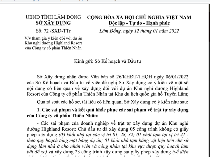 Công văn Sở Xây dựng tỉnh Lâm Đồng  gửi Sở Kế hoạch và Đầu tư về dự án Khu nghỉ dưỡng Highland Resort của CTCP Thiên Nhân tại Khu du lịch quốc gia hồ Tuyền Lâm.