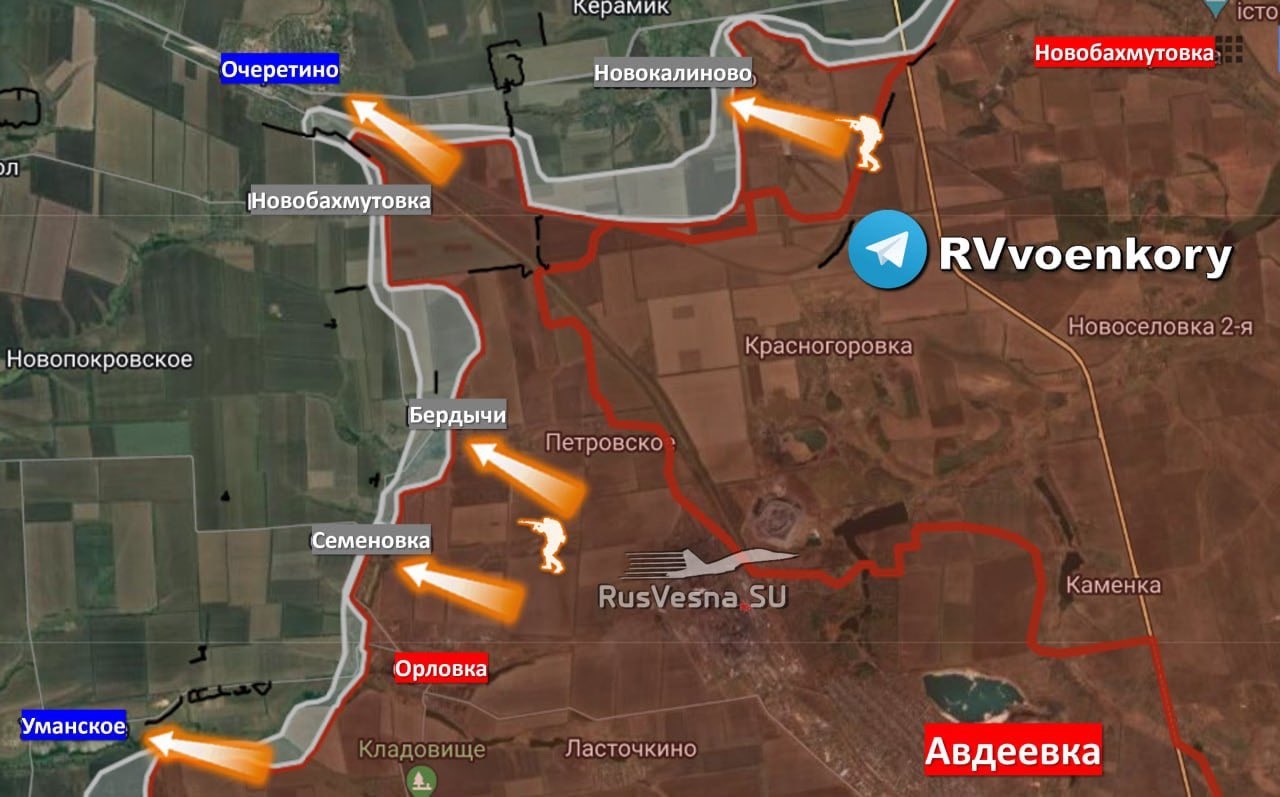 Bản đồ chiến sự Ukraine tại Avdiivka ngày 19/4. Trong đó, Nga kiểm soát phần màu nâu, các mũi tên màu cam thể hiện hướng tấn công của họ (Ảnh: Rybar).