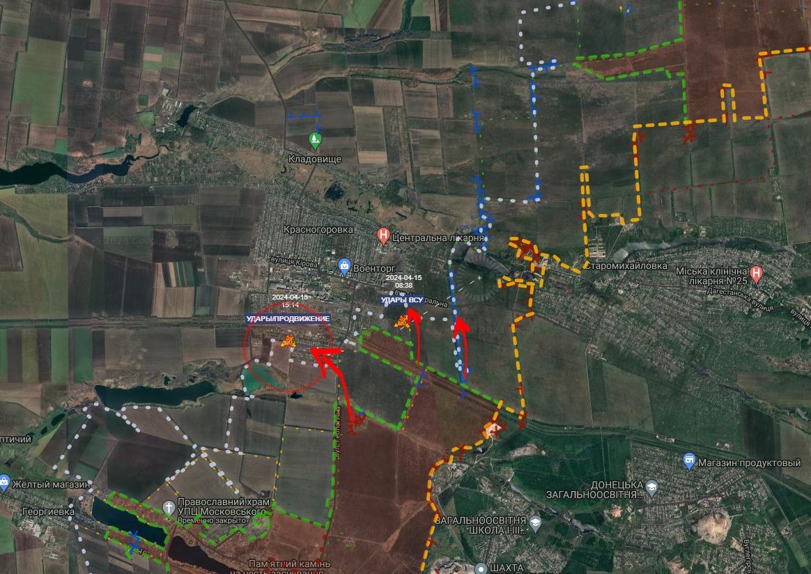 Bản đồ chiến sự Ukraine ở phía tây thành phố Donetsk ngày 15/4. Trong đó, các mũi tên đỏ là hướng tấn công của Nga và vòng tròn đỏ là nơi mũi xung kích của họ đã tiến đến (Ảnh: Geroman).