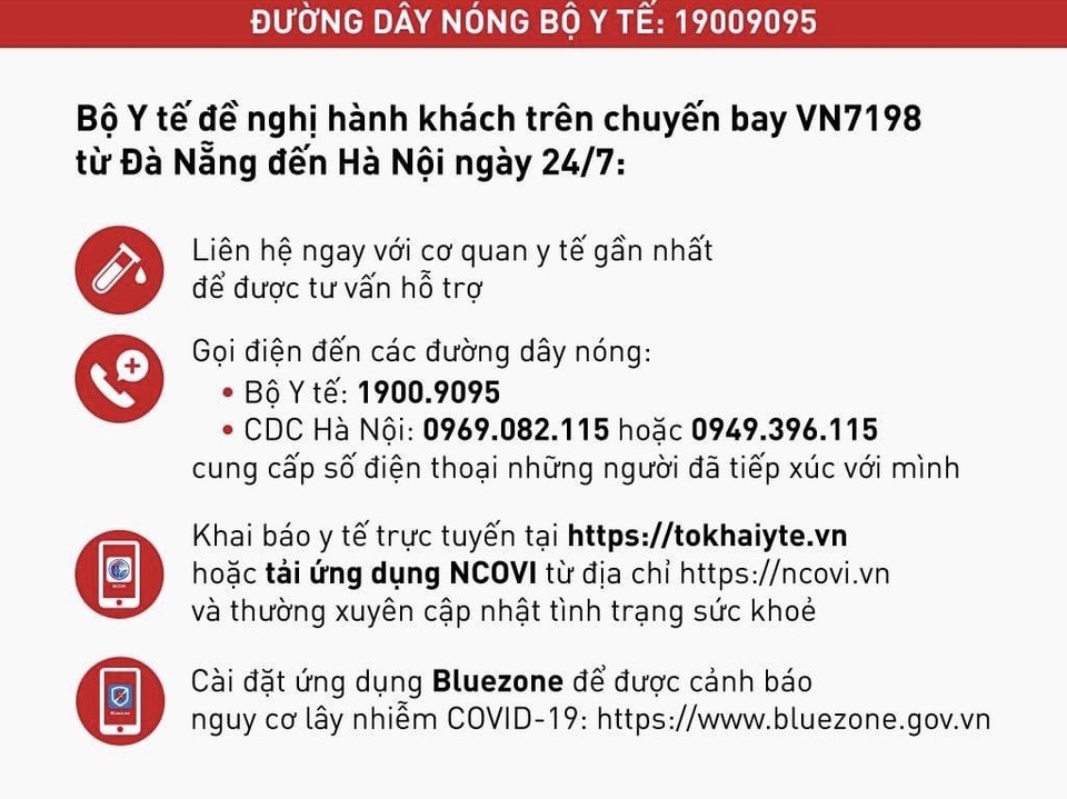 Bộ Y tế truy tìm khẩn hành khách trên chuyến bay từ Đà Nẵng ra Hà Nội - 1 Bộ Y tế truy tìm khẩn hành khách trên chuyến bay từ Đà Nẵng ra Hà Nội - 1