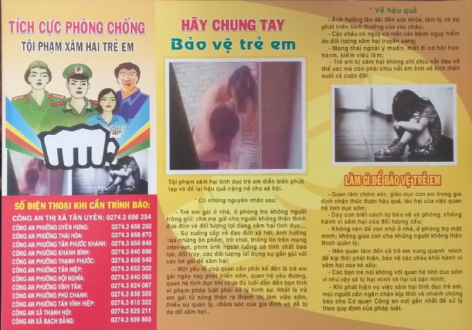 Hàng ngàn tờ rơi tuyên truyền cảnh báo, kèm theo số điện thoại để người dân báo cho lực lượng công an khi xảy ra sự việc bạo hành, xâm hại trẻ em. Ảnh: CACC