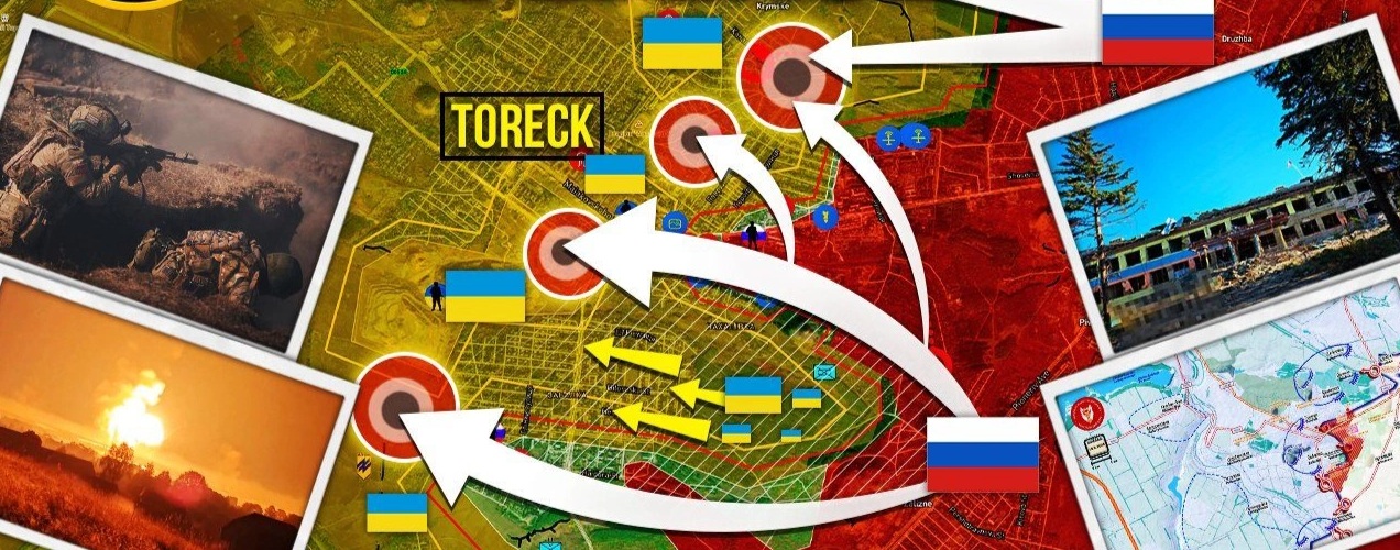 Bản đồ chiến sự Ukraine tại Toretsk ngày 18/9. Trong đó, Nga kiểm soát phần màu đỏ, tiếp tục phản công theo các mũi tên trắng. Kiev giữ vùng vàng và đang rút chạy trên các mũi tên vàng (Ảnh: MIlitary Summary).