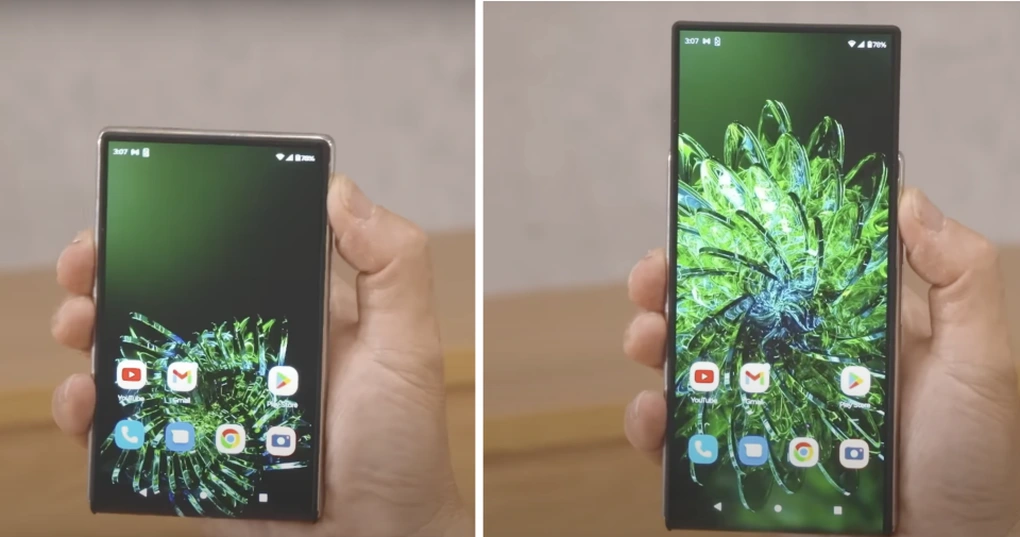 Chiếc smartphone có thể mở rộng kích thước màn hình chỉ bằng một nút bấm (Ảnh cắt từ clip). Chiếc smartphone có thể mở rộng kích thước màn hình chỉ bằng một nút bấm (Ảnh cắt từ clip).