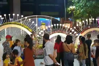 Giành giật nhau chỗ chụp ảnh trên đường hoa Nguyễn Huệ.