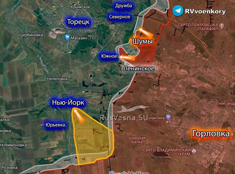 Bản đồ chiến sự Ukraine tại Toretsk ngày 29/6. Trong đó, Nga kiểm soát phần màu nâu, các mũi tên màu cam thể hiện hướng tấn công của họ và khu vực màu vàng là nơi lực lượng Moscow đã giành được (Ảnh: RVvoenkory).