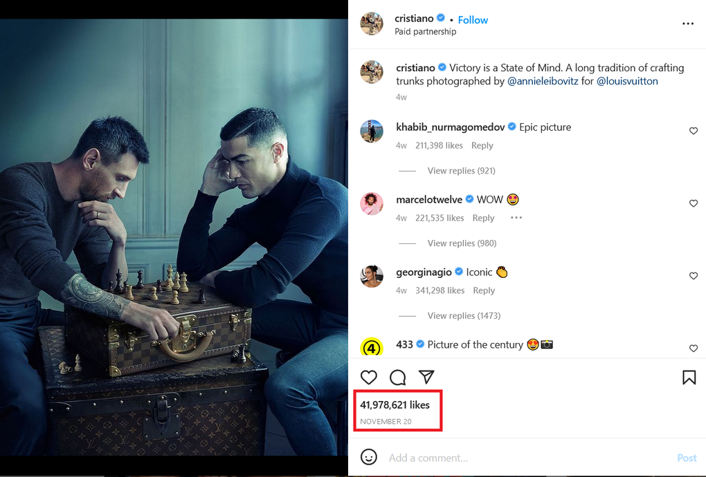 Bức ảnh đánh cờ giữa Ronaldo và Messi từng là bức ảnh có lượt thích nhiều nhất Instagram được đăng bởi một vận động viên thể thao (Ảnh: Cristiano Ronaldo). Bức ảnh đánh cờ giữa Ronaldo và Messi từng là bức ảnh có lượt thích nhiều nhất Instagram được đăng bởi một vận động viên thể thao (Ảnh: Cristiano Ronaldo).