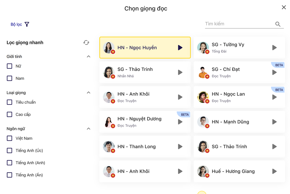 Danh sách các giọng đọc do Vbee cung cấp (Ảnh chụp màn hình).