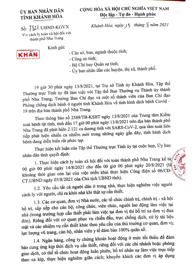 Cách ly toàn xã hội đối với TP Nha Trang từ 0 giờ ngày 14/8 đến 0 giờ ngày 20/8 - Ảnh 1.