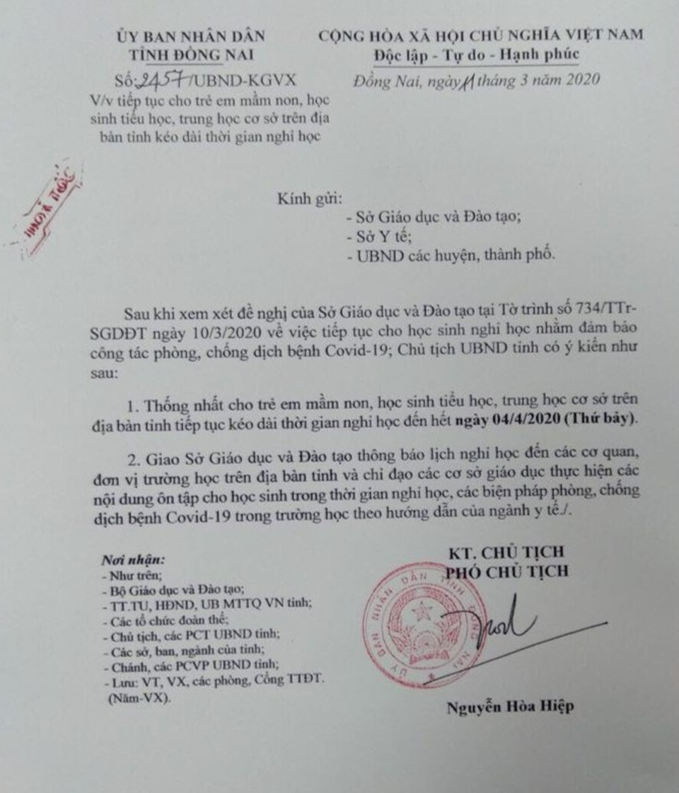 Đồng Nai hỏa tốc cho học sinh Mầm non đến THCS nghỉ học đến hết ngày 4/4 - 1 Đồng Nai hỏa tốc cho học sinh Mầm non đến THCS nghỉ học đến hết ngày 4/4 - 1