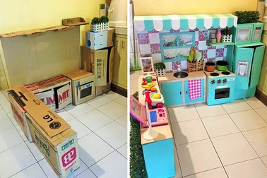 Làm tủ bếp cho bé từ thùng các-tông cũ