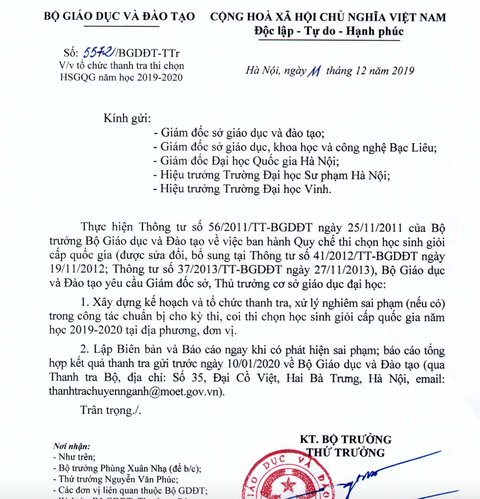 Bộ GDĐT yêu cầu tổ chức thanh tra thi chọn học sinh giỏi quốc gia - 1 Bộ GDĐT yêu cầu tổ chức thanh tra thi chọn học sinh giỏi quốc gia - 1