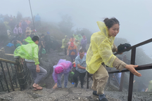 Người dân đội mưa gió chống gậy, vịn lan can lên chùa Đồng Yên Tử