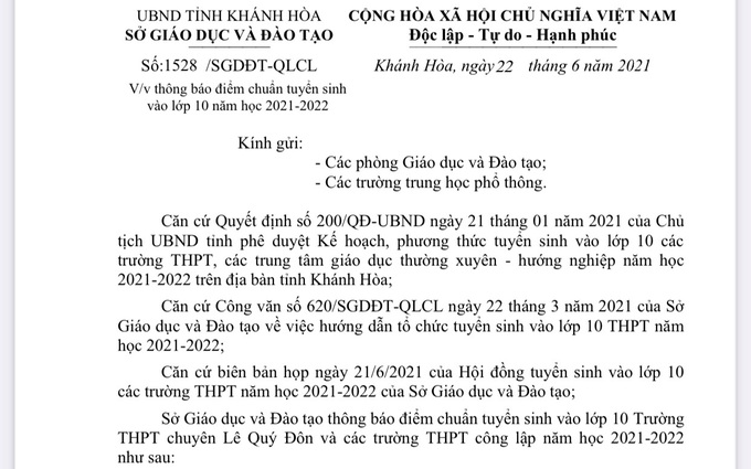 Khánh Hòa công bố điểm chuẩn vào lớp 10 năm học 2021-2022