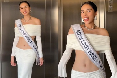 Kỳ Duyên mặc áo dài đỏ, khoe eo thon, đọ nhan sắc tại Hoa hậu Hoàn vũ 2024