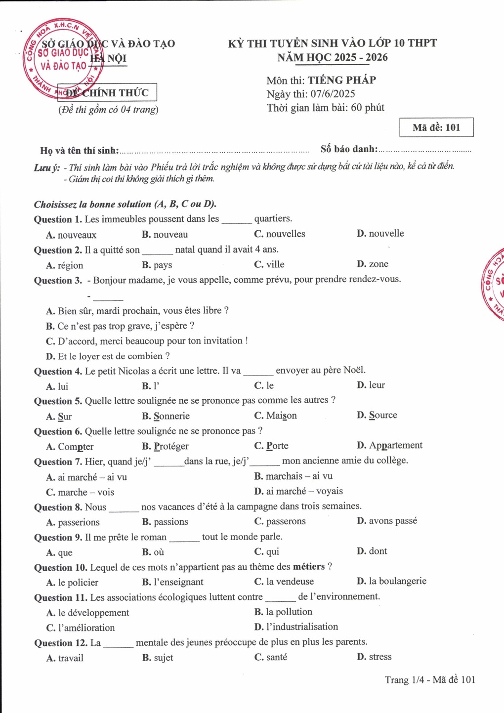Đáp án chính thức môn tiếng Pháp, Đức, Hàn, Nhật thi vào lớp 10 Hà Nội - 1 Đáp án chính thức môn tiếng Pháp, Đức, Hàn, Nhật thi vào lớp 10 Hà Nội - 1