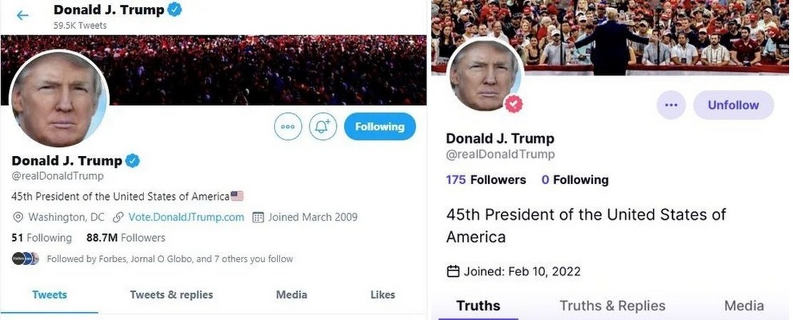 Giao diện mạng xã hội Truth (phải) giống với giao diện của Twitter (trái) (Ảnh chụp màn hình). Giao diện mạng xã hội Truth (phải) giống với giao diện của Twitter (trái) (Ảnh chụp màn hình).