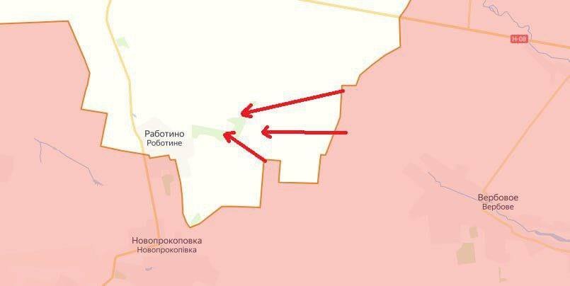 Bản đồ chiến sự Ukraine ở Robotine ngày 15/4. Trong đó, Nga kiểm soát phần màu hồng và các mũi tên đỏ là hướng tấn công của họ (Ảnh: Telegram).