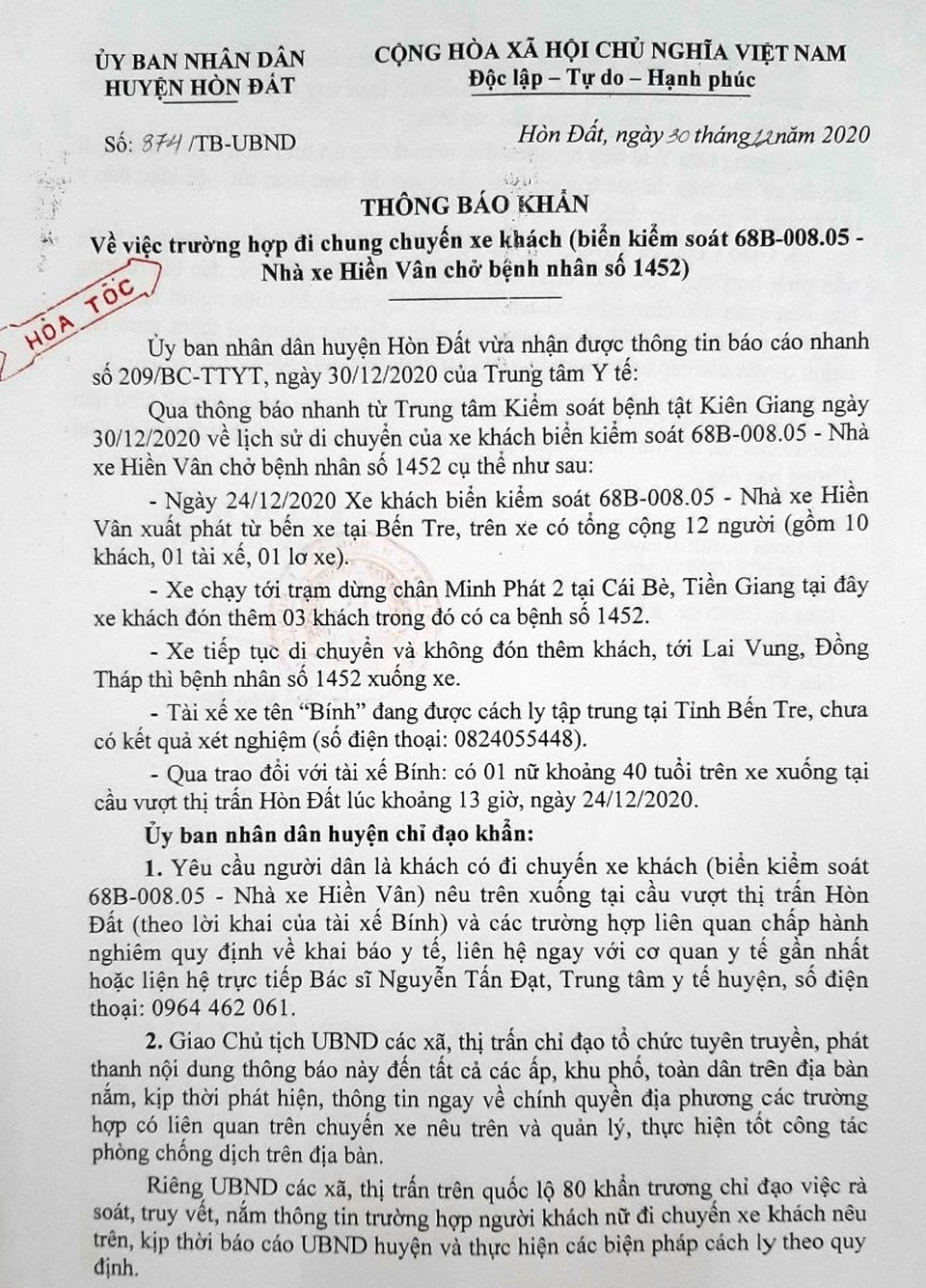 Khẩn trương truy vết những người đi chung xe với bệnh nhân 1452 - 1