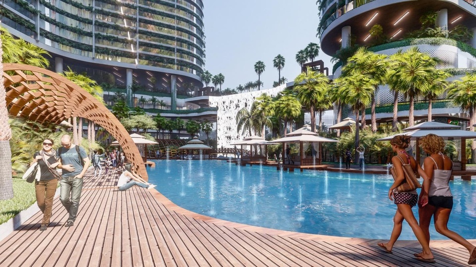 Tổ hợp resort hơn 1 tỷ USD có sông nhân tạo, thác nước và vườn nhiệt đới tiếp cận thềm căn hộ tại quận 7 - 8 Tổ hợp resort hơn 1 tỷ USD có sông nhân tạo, thác nước và vườn nhiệt đới tiếp cận thềm căn hộ tại quận 7 - 8