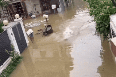 Thầy giáo bơi "tung tăng" trên con phố ngập như sông ở Thái Nguyên