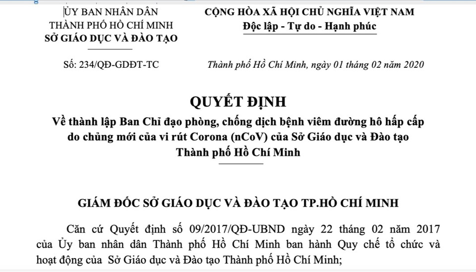 Sở GDĐT TPHCM thành lập ban chỉ đạo chống dịch khẩn cấp - 1 Sở GDĐT TPHCM thành lập ban chỉ đạo chống dịch khẩn cấp - 1