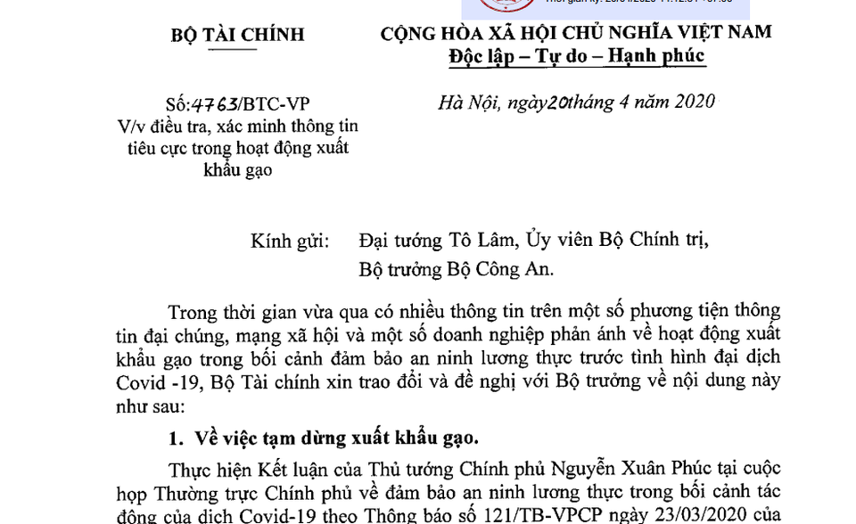 Bộ Tài chính nhờ Bộ Công an xác minh tiêu cực trong xuất khẩu gạo - 2 Bộ Tài chính nhờ Bộ Công an xác minh tiêu cực trong xuất khẩu gạo - 2