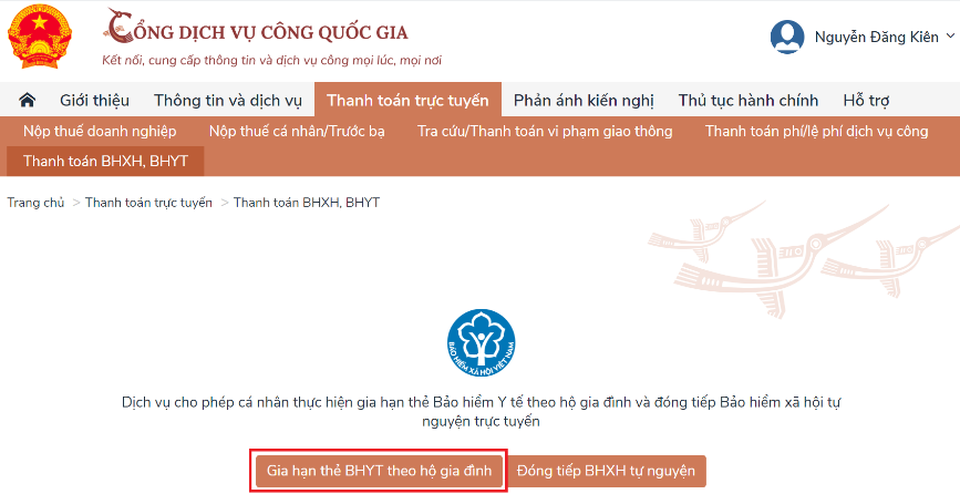 Gia hạn thẻ BHYT hộ gia đình và đóng BHXH tự nguyện trên Cổng DVC Quốc gia - 2 Gia hạn thẻ BHYT hộ gia đình và đóng BHXH tự nguyện trên Cổng DVC Quốc gia - 2