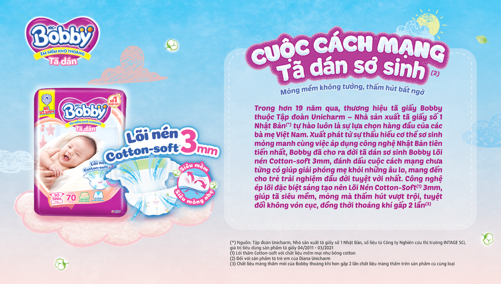 Tã dán sơ sinh Bobby Lõi nén Cotton-soft 3mm - 4 Tã dán sơ sinh Bobby Lõi nén Cotton-soft 3mm - 4
