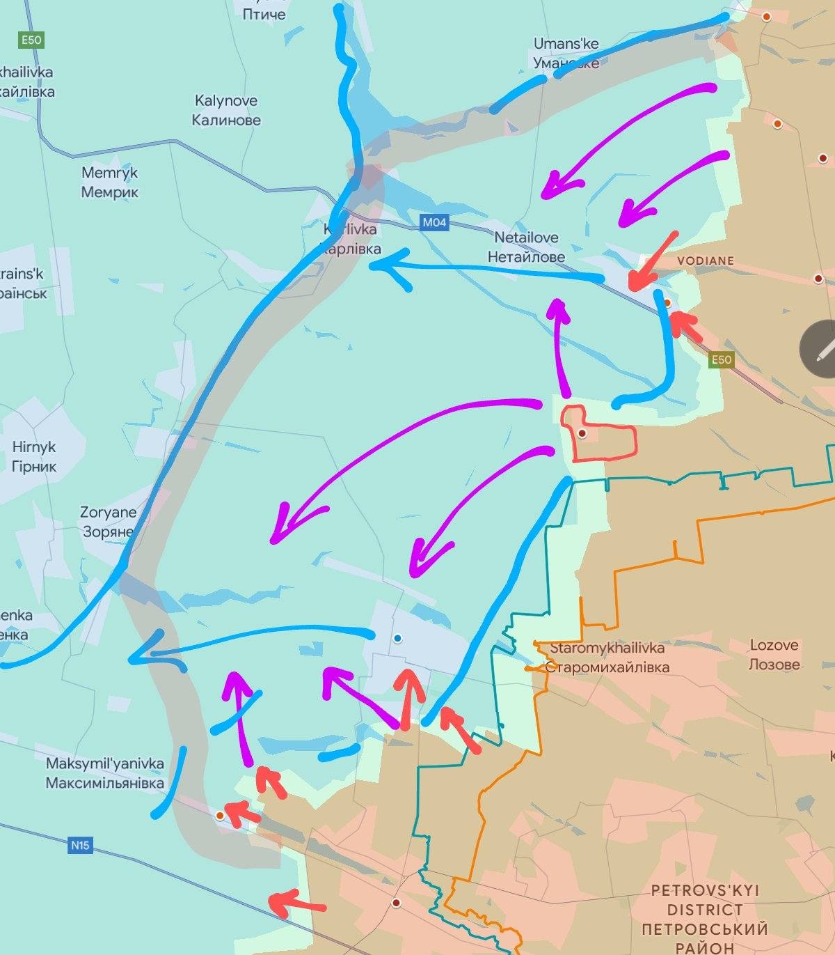 Bản đồ chiến sự Ukraine ở tây Donetsk ngày 13/3. Trong đó Nga kiểm soát phần màu nâu nhạt, các mũi tên đỏ thể hiện hướng tấn công của họ và mũi tên tím là hướng phát triển dự kiến, còn mũi tên xanh là Kiev rút lui (Ảnh: Mikael Valtersson).