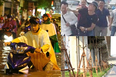 Xe máy “đuối” nước và cây xanh núp bóng đường sắt trên cao