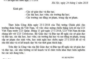 Giả công văn của Bộ GD-ĐT cho học sinh, sinh viên nghỉ học xem U23 đá chung kết