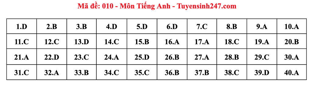 Gợi ý đáp án môn tiếng Anh thi vào lớp 10 năm 2025 của Hà Nội - 10 Gợi ý đáp án môn tiếng Anh thi vào lớp 10 năm 2025 của Hà Nội - 10