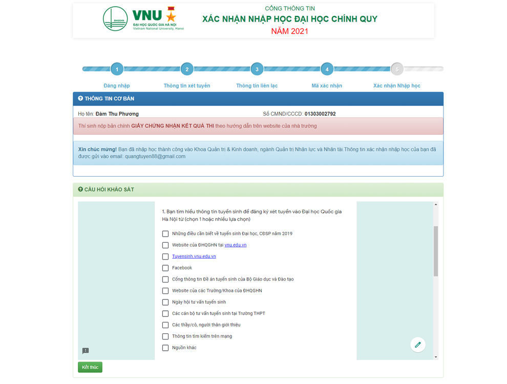 Thí sinh xác nhận nhập học trực tuyến vào ĐH Quốc gia Hà Nội từ ngày 17/9 - 8 Thí sinh xác nhận nhập học trực tuyến vào ĐH Quốc gia Hà Nội từ ngày 17/9 - 8