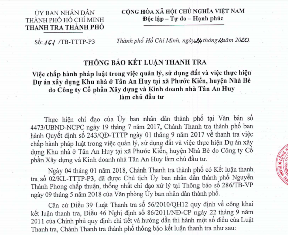 Thanh tra TPHCM khui hàng loạt sai phạm của khu nhà ở Tân An Huy - 1 Thanh tra TPHCM khui hàng loạt sai phạm của khu nhà ở Tân An Huy - 1