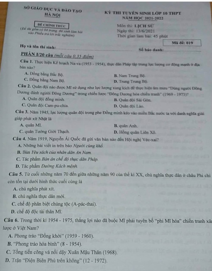 Đề thi Lịch sử vào lớp 10 Hà Nội, phổ điểm sẽ ở mức 8 điểm - Ảnh 3.