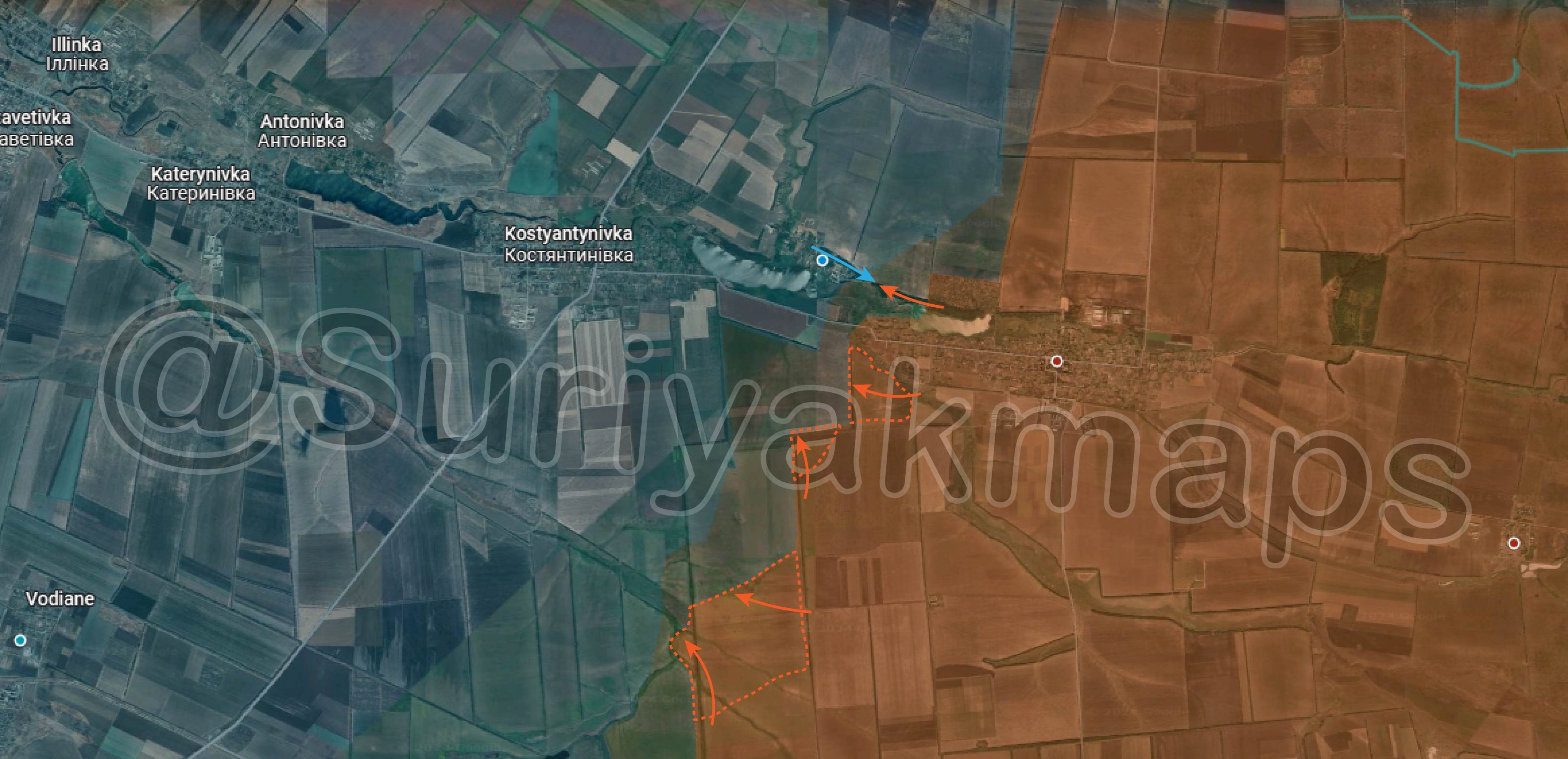 Bản đồ chiến sự Ukraine tại Kostyantynivka - Ugledar ngày 2/5. Trong đó, Nga kiểm soát phần màu nâu, các mũi tên màu cam thể hiện hướng tấn công của họ và khu vực bao quanh bởi nét đứt màu cam là nơi lực lượng Moscow vừa giành được, lực lượng Kiev phản kích theo các mũi tên xanh (Ảnh: Suriyakmaps).