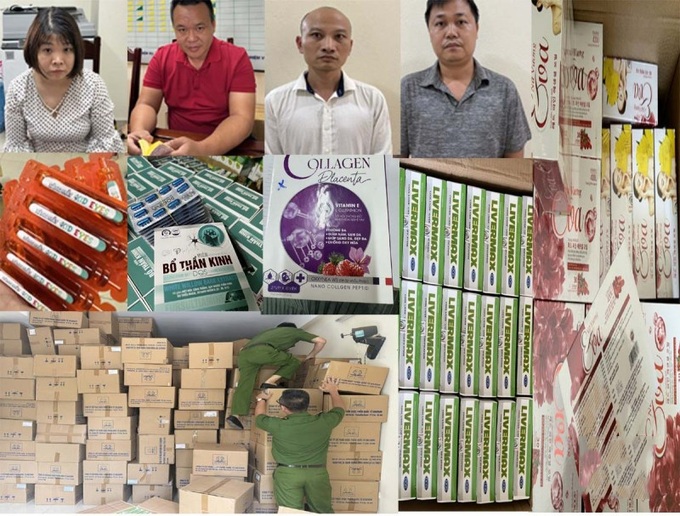 Các đối tượng (từ trái qua phải): Nga, Đôn, Hải, Phúc và tang vật thu được (Ảnh: Công an Thanh Hóa)