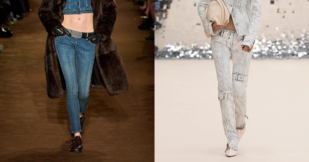Biểu tượng phong cách ở những năm 2000 - quần jeans skinny cạp trễ - mang kiểu dáng cùng lối phối màu mới lạ trên đường băng Xuân - Hè 2024 của Acne Studios (Ảnh: Acne Studios).