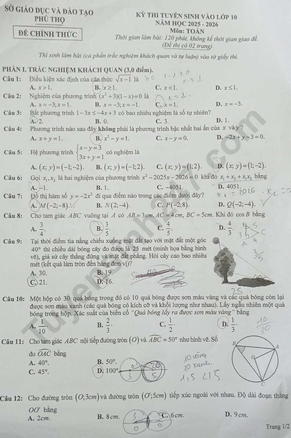 Preguntas y respuestas del examen de inglés y matemáticas para el grado 10 en Phu Tho - 5 Đề thi và đáp án môn tiếng Anh, toán thi lớp 10 của Phú Thọ - 5