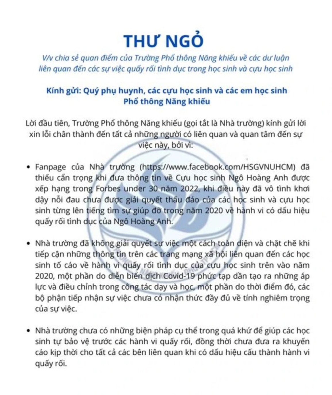 Vụ Ngô Hoàng Anh Forbes U30 bị tố quấy rối tình dục: Nhà trường xin lỗi! - 2 Vụ Ngô Hoàng Anh Forbes U30 bị tố quấy rối tình dục: Nhà trường xin lỗi! - 2